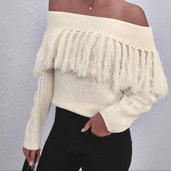in the beginning Sweaters - Cream off shoulder fringe sweater size small